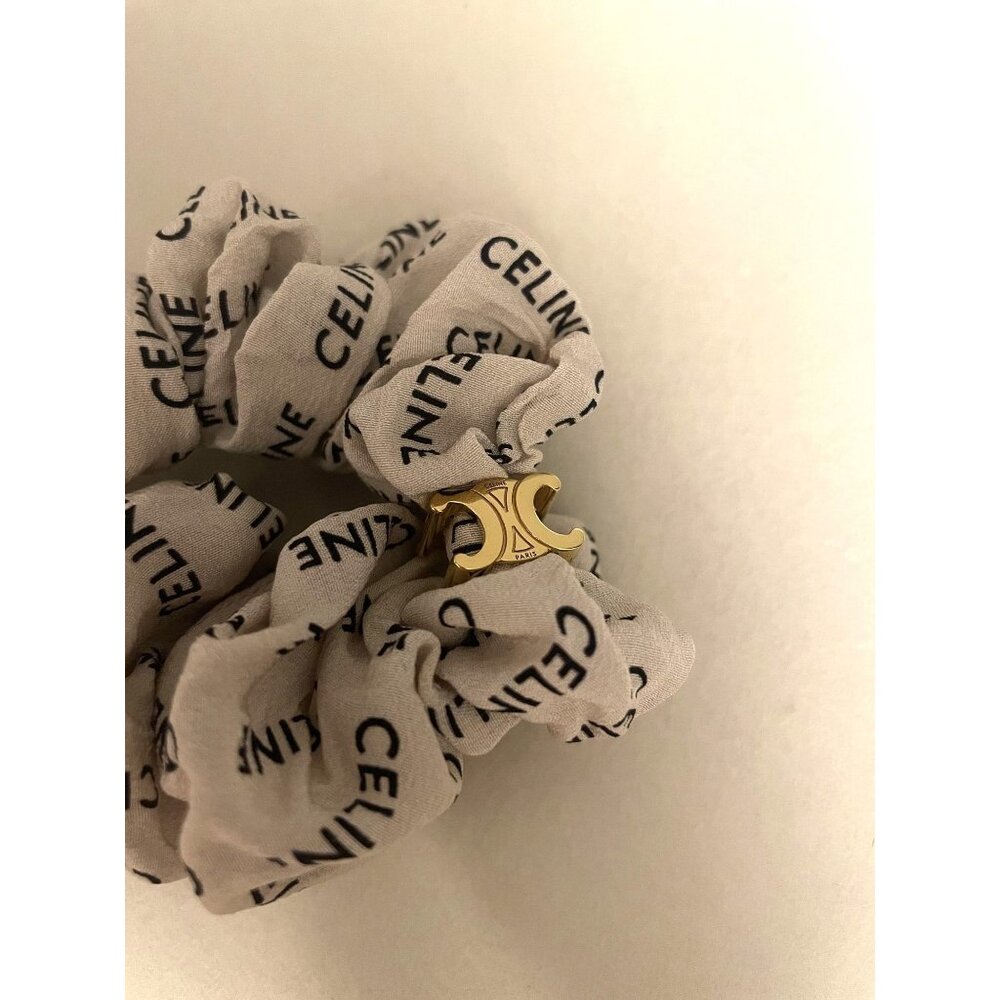 Celine Beige Hair Scrunchie With Gold Triomphe Logo Accent - Picture 3 of 5